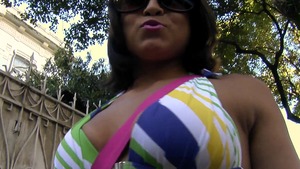 Mike in Brazil: Brunette Jennifer wearing bikini blowjob cum